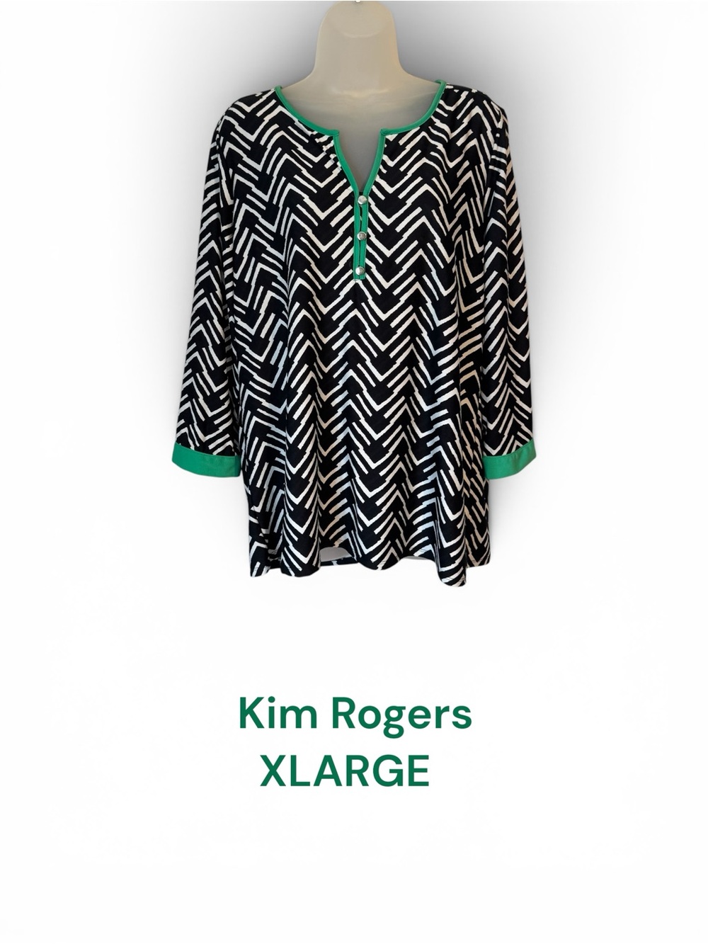 Kim Rogers Black and White Chevron Top with Green Accents - Picture 1 of 7
